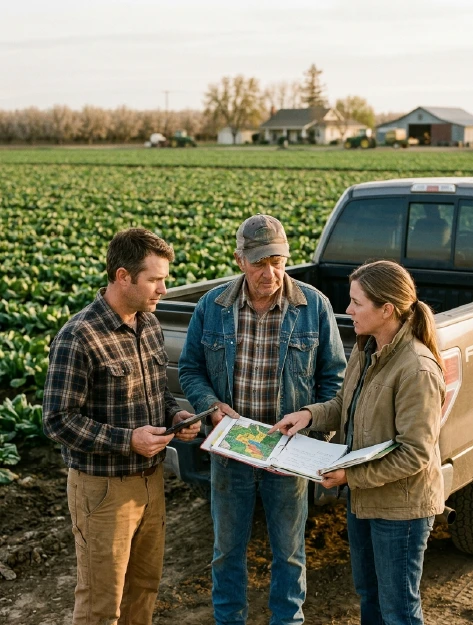 Farmers reviewing document